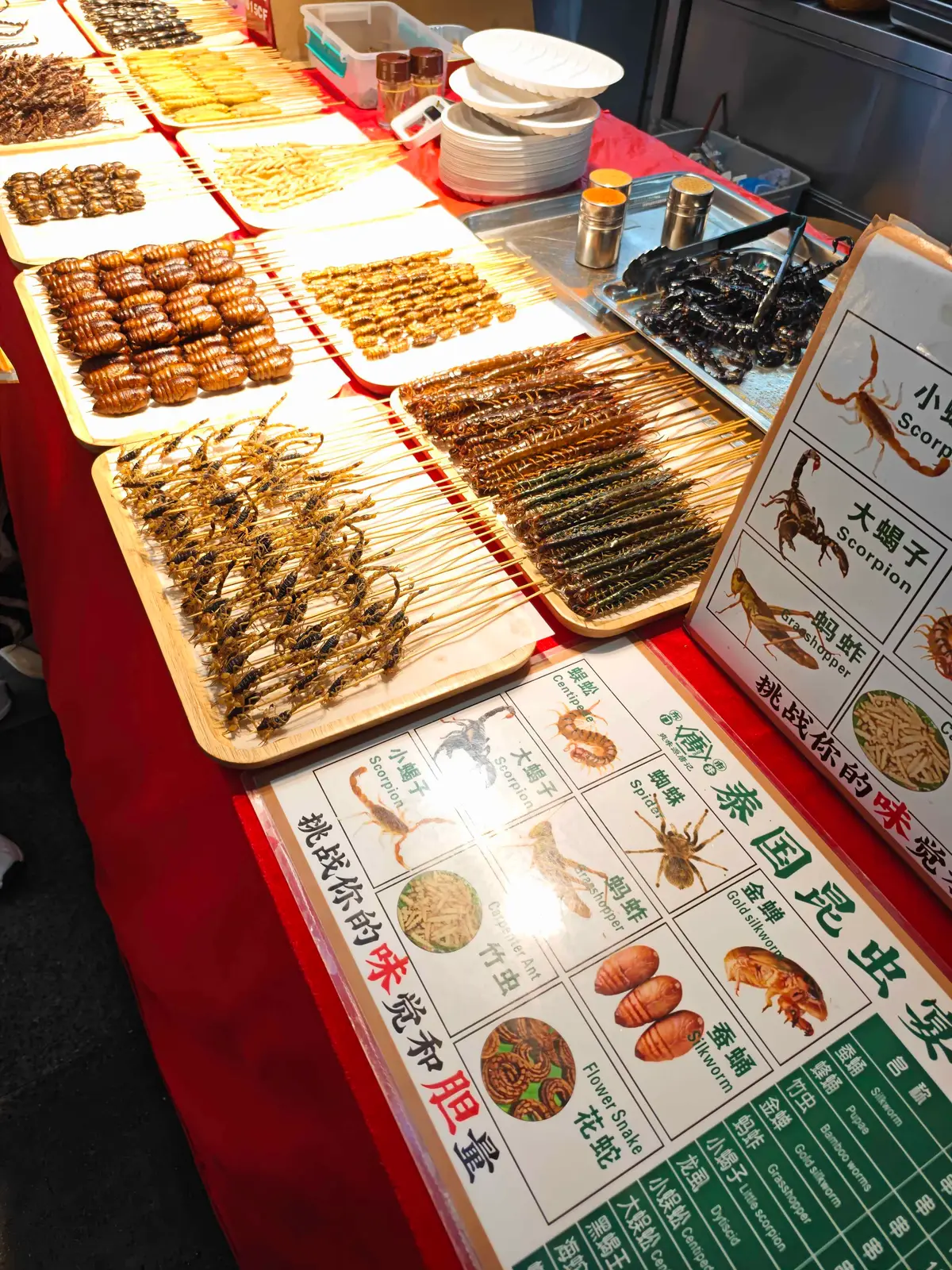 A night market stall laid with trays of skewered insects — scorpions, silkworm pupae and grasshoppers — beside a bilingual price board.