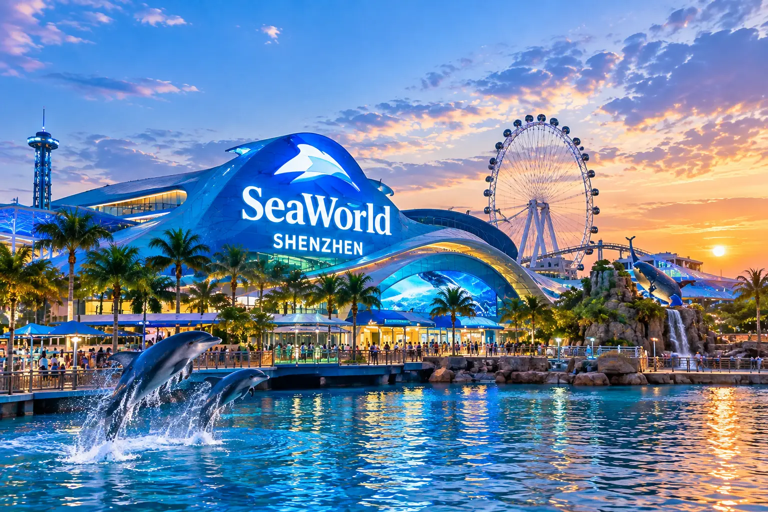 An illustration of a marine theme park at sunset with a "SeaWorld Shenzhen" sign, a Ferris wheel, palm trees and dolphins leaping from the water